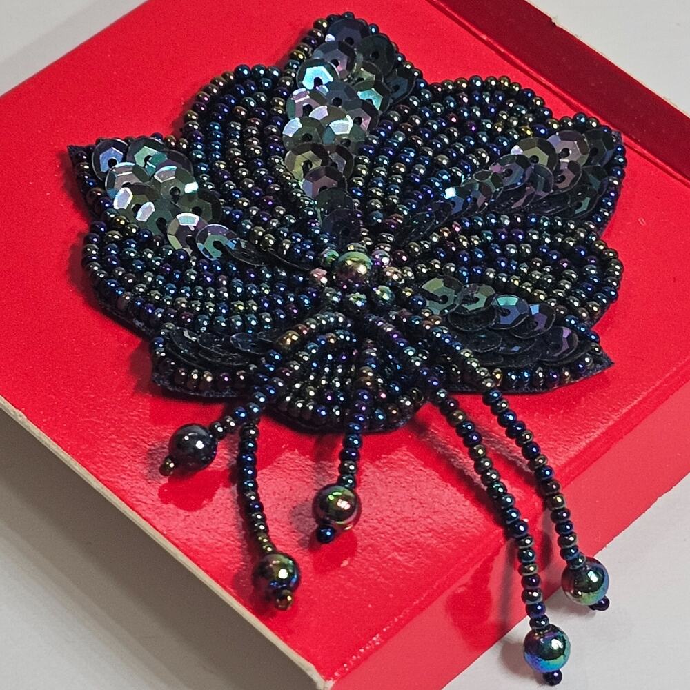 Avon Sequin Blossom Brooch Pin Blue Purple Green Black Seed Beads 1990 Vtg NIB
